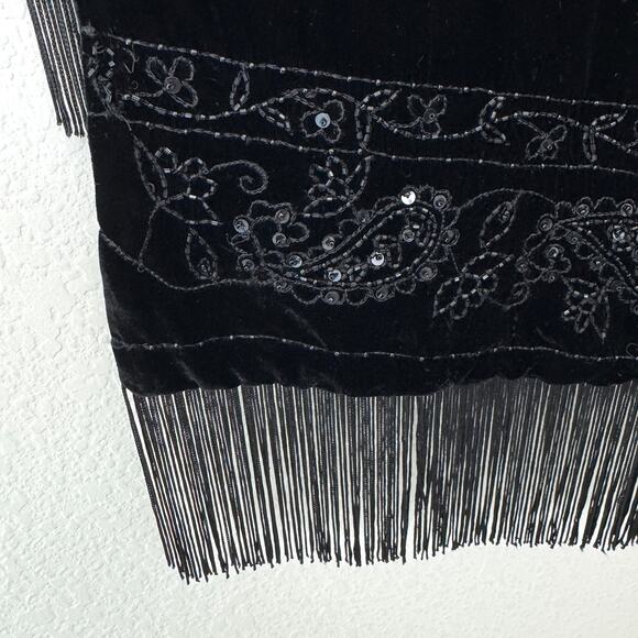 Ann Taylor Women Rayon Silk Velvet Fringe Scarf Beaded Embellished Winter Black - Picture 4 of 7